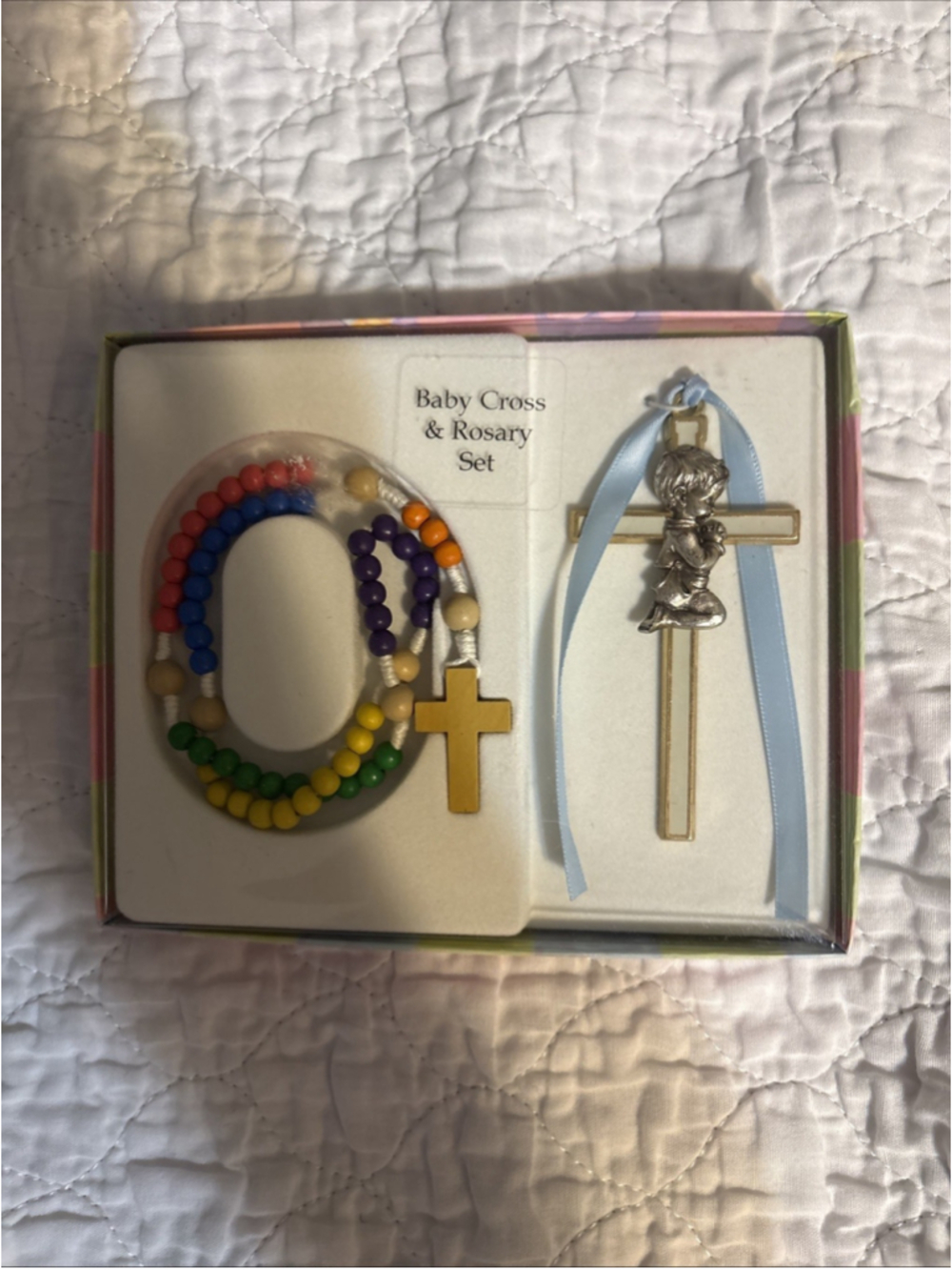 Boys Crib Cross Rosary Gift Set Children Christening Nursery Room Decor